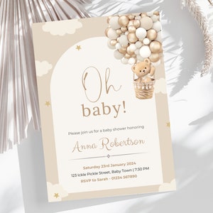 Bewerkbare beer ballonnen babyshower uitnodiging, afdrukbare Oh Baby teddybeer babyshower uitnodiging, genderneutrale bruine beer, digitale DOWNLOAD