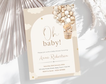Bearbeitbare Bären-Ballons-Babyparty-Einladung, druckbare Oh-Baby-Teddybär-Babyparty-Einladung, geschlechtsneutraler Braunbär, DIGITALER DOWNLOAD