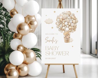 Editable Boho Teddy Bear Baby Shower Welcome Sign, Neutral Hot Air Balloon Welcome Poster, We Can Bearly Wait Decorations, Instant Download