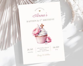 Pink Baptism Invitation: Gold Cross, Cupcake, First Birthday (Digital Download 5x7" Editable Template)