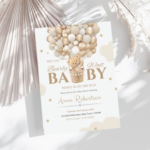 Invito per baby shower a tema orso con mongolfiera modificabile, modello "We Can Bearly Wait" (non possiamo aspettare), modello di invito Boho Brown Bear, download digitale