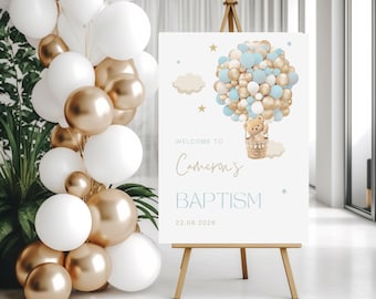 Editable Teddy Bear Christening Welcome Sign: Blue Baptism Poster (Instant Download)