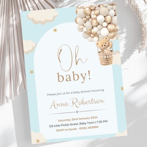 Editable Baby Bear Hot Air Balloon Shower  Invitation, Baby Blue Oh Baby Shower Invite, Boys Blue Arch Oh Baby Invite, DIGITAL DOWNLOAD