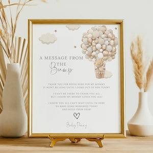 Plantilla personalizada con mensaje desde la barriguita, letrero con globo aerostático y osito de peluche para baby shower, mensaje editable de género neutro para bebé