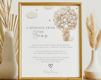 A Message From the Bump  Personalized Template, Teddy Bear Hot Air Balloon Baby Shower Bump Sign,  Editable Gender Neutral Message From Baby