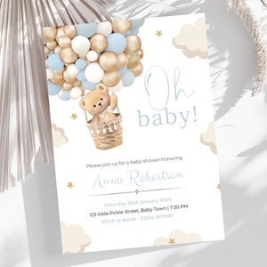 Convite para chá de bebê com balões de urso editáveis, convite para chá de bebê com ursinho de pelúcia Oh Baby para impressão, balão de ar quente menino azul, DOWNLOAD DIGITAL