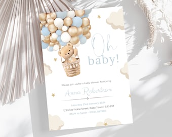 Bearbeitbare Bären-Ballons-Babyparty-Einladung, druckbare Oh-Baby-Teddybär-Babyparty-Einladung, Heißluftballon-blauer Junge, DIGITALER DOWNLOAD