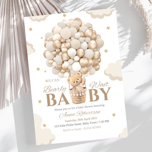 Invito per baby shower a tema orso mongolfiera modificabile con orsetto di peluche, modello di invito We Can Bearly Wait, orso bruno Boho, download digitale