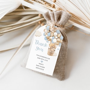 Etichetta modificabile di ringraziamento con orso, bomboniera per feste con mongolfiera a forma di orsetto, baby shower a tema orso azzurro, download digitale
