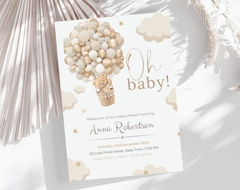 Bearbeitbare Bären-Ballons-Babyparty-Einladung, druckbare Oh-Baby-Teddybär-Babyparty-Einladung, geschlechtsneutraler Braunbär, DIGITALER DOWNLOAD