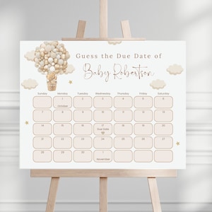 Bearbeitbarer Teddybär Errate die Ankunft des Babys, oh Baby, Geschlechtsneutral, Heißluftballon-Babyparty Fälligkeitsdatumskalender, digitaler Download