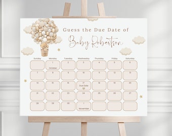 Bearbeitbarer Teddybär Errate die Ankunft des Babys, oh Baby, Geschlechtsneutral, Heißluftballon-Babyparty Fälligkeitsdatumskalender, digitaler Download