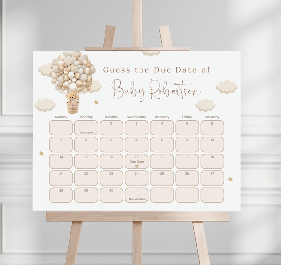 Editable Teddy Bear Baby Shower Due Date Calendar, Gender Neutral (Digital Download)