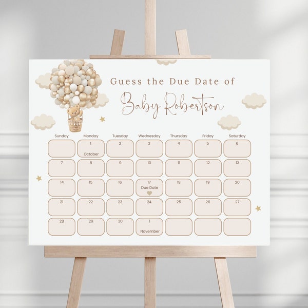 Editable Teddy Bear Guess Baby's Arrival, Oh Baby, Gender Neutral, Hot Air Balloon Baby Shower Due Date Calendar, Digital Download