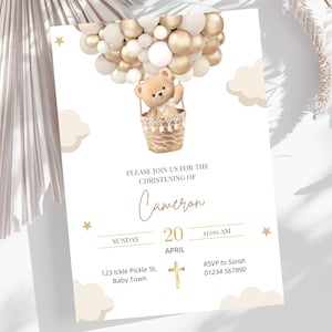 Editable Christening Invitation, Baptism Invitation, Teddy Bear Christening Invite Template, Gold Hot Air Balloon Digital Download
