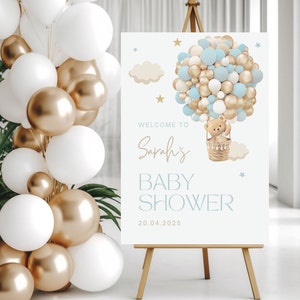 Bearbeitbares Teddybär-Babyparty-Willkommensschild, Oh Baby-Heißluftballon-Willkommensschild, blaues Babyparty-Poster, sofortiger Download