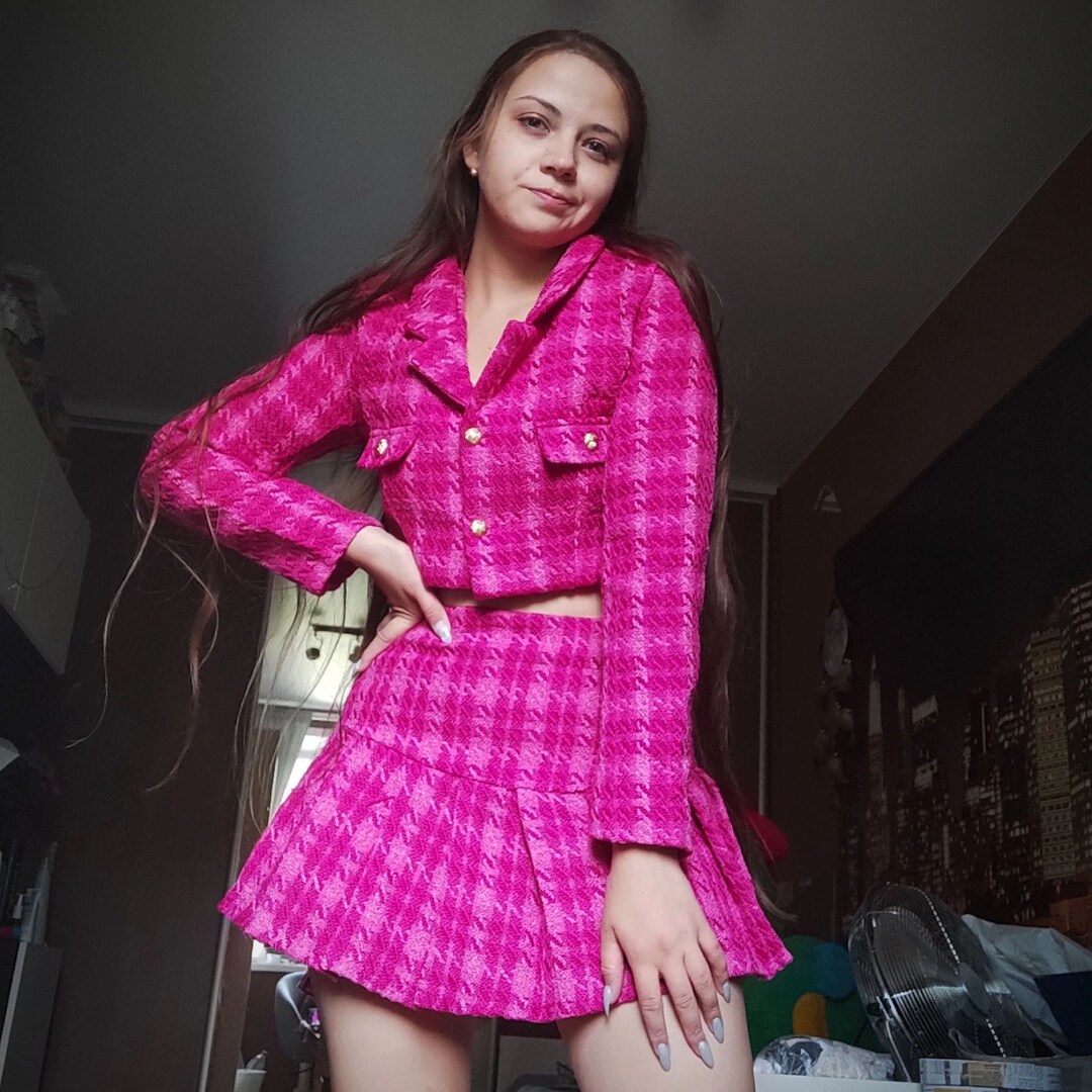 Vintage Pink Tweed Jacket and Mini Skirt Elegant Dress Set Mini Skirt