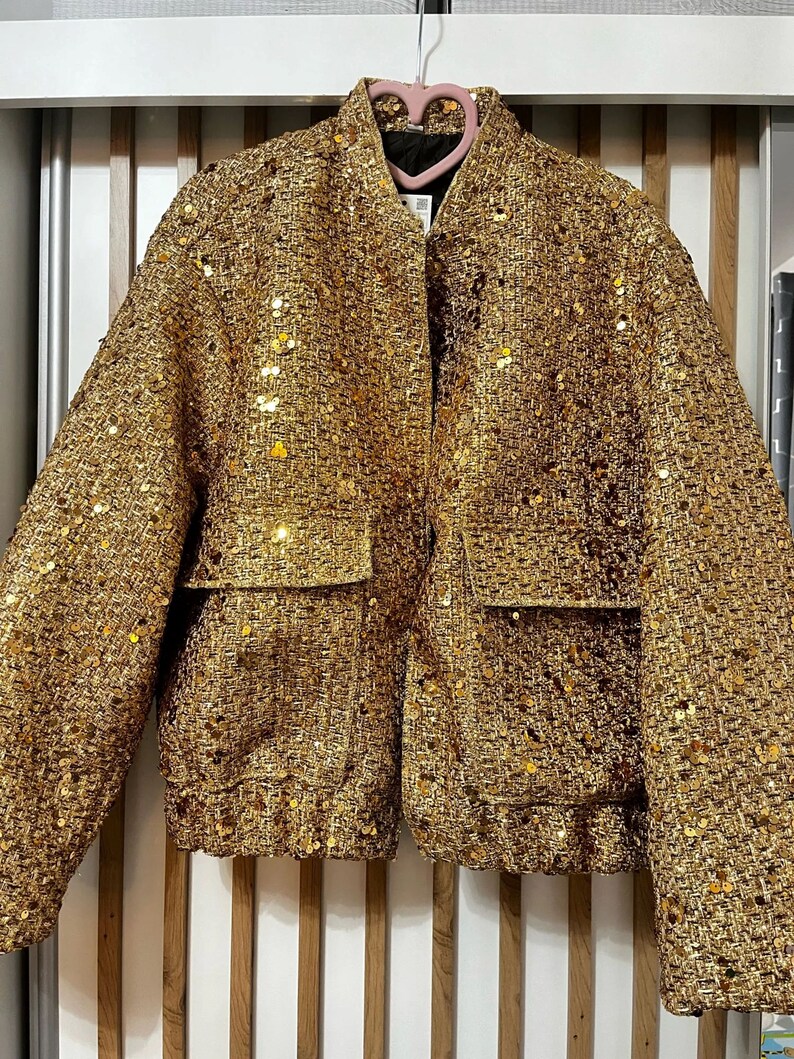 Sequin Bomber Gold Color Jacket Patchwork Coat Long Sleeve Tweed Winter