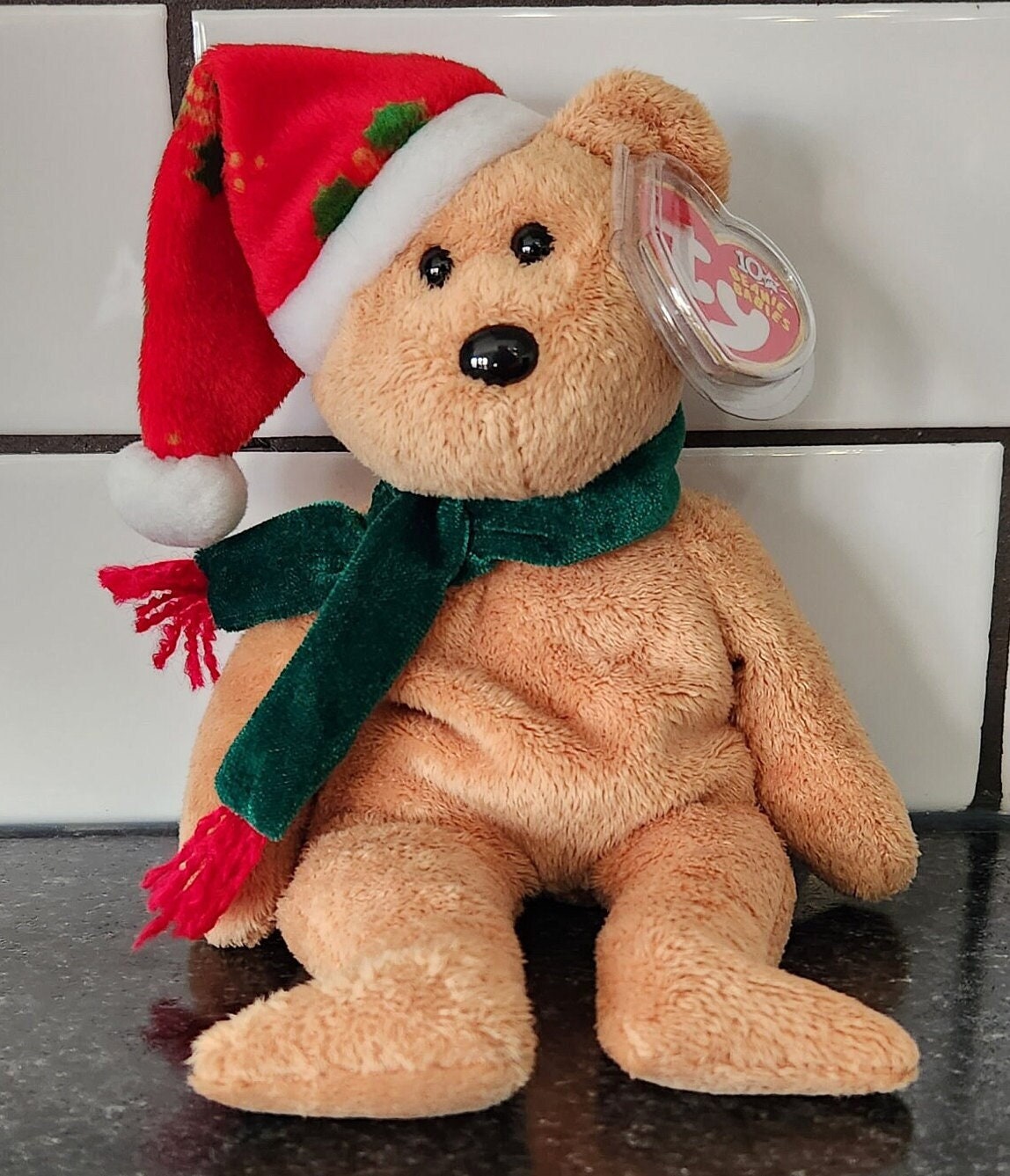 Ty Beanie Baby “2003 Holiday Teddy” Bear Wearing Santa Hat and
