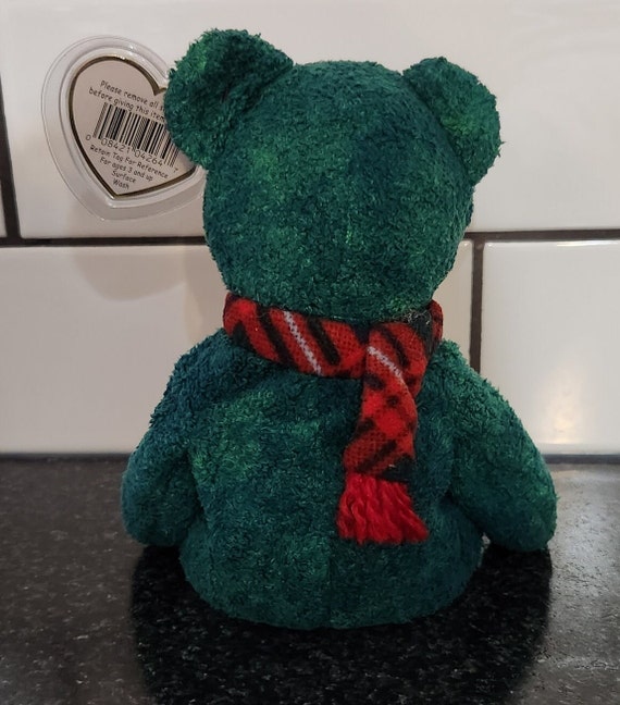 Ty Beanie Baby “wallace” the Green Bear Wearing a Red Scarf (8.5