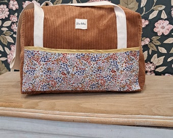 Weekend bag, changing bag, camel corduroy and liberty style floral fabric