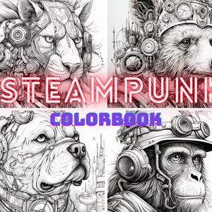 SteamPunk Animal illustrations, Futuristic Animals Black and white, Instant Download, Printable PDF, 25 pages