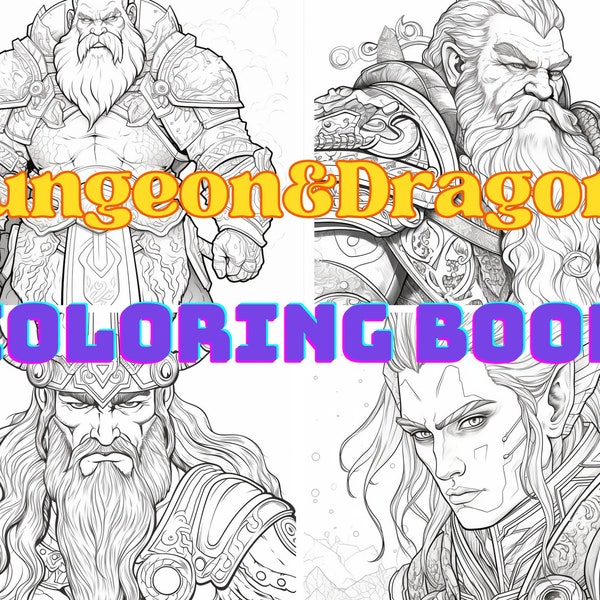 Dungeon & Dragons coloring books for kids and adults, 25 pages printable of Elves, works, knights, Dragons and adventures, printable.