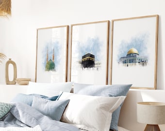 Set of 3 Blue Mosque Art: Modern Artful Wall Art, Quranic Gift, Alaqsa, Kaaba, Masjid al Haram An Nabawi, Islamic Decoration, AlQuds