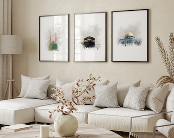 Set of 3 Beige Mosque Art: Modern Artful Wall Art, Quranic Gift, Alaqsa, Kaaba, Masjid al Haram An Nabawi, Islamic Decoration, AlQuds