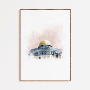 May include: A watercolor painting of the Dome of the Rock in Jerusalem. The dome is gold and the building is blue and green. The background is a soft pink.