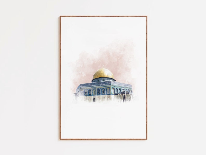 May include: A watercolor painting of the Dome of the Rock in Jerusalem. The dome is gold and the building is blue and green. The background is a soft pink.