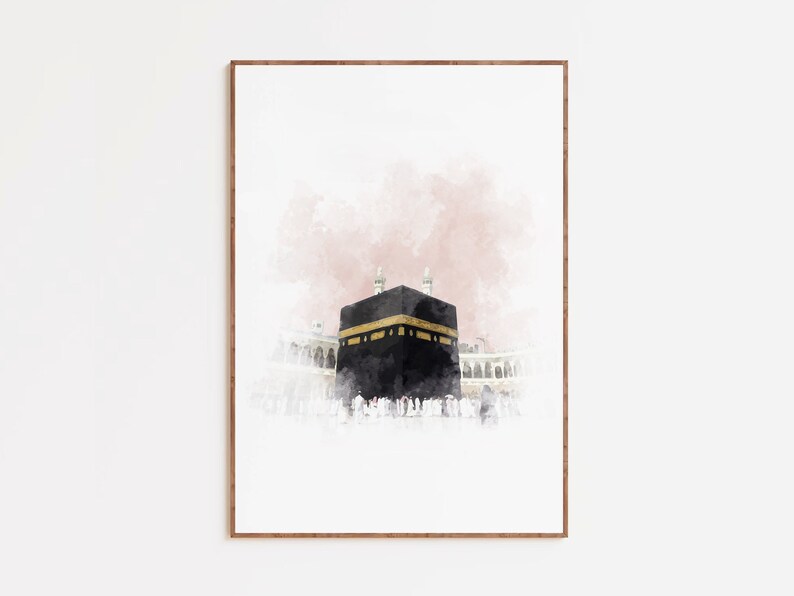 May include: A watercolor painting of the Kaaba in Mecca, Saudi Arabia. The Kaaba is a cube-shaped building that is the holiest site in Islam. The painting is done in a soft, muted palette of pink and white.