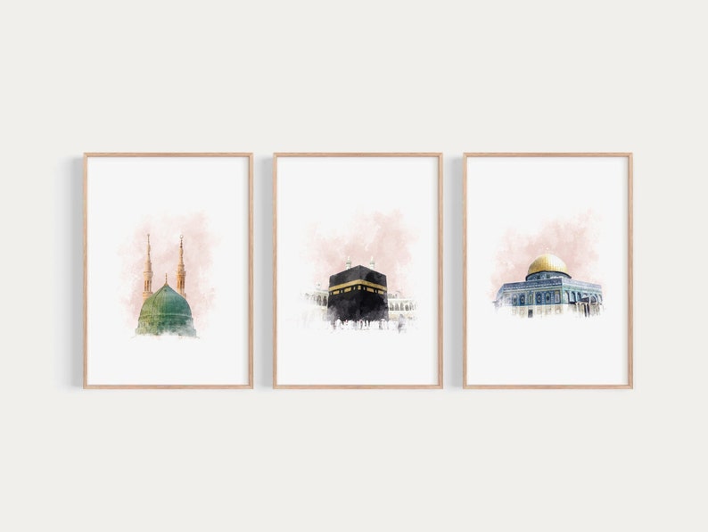 May include: Three watercolor paintings of Islamic architecture. The first painting shows a green dome with two minarets. The second painting shows the Kaaba, a black cube-shaped building. The third painting shows a blue dome with a golden top.