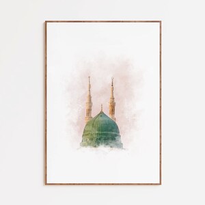 May include: A watercolor painting of a mosque with a green dome and two minarets. The mosque is set against a soft pink and white background.