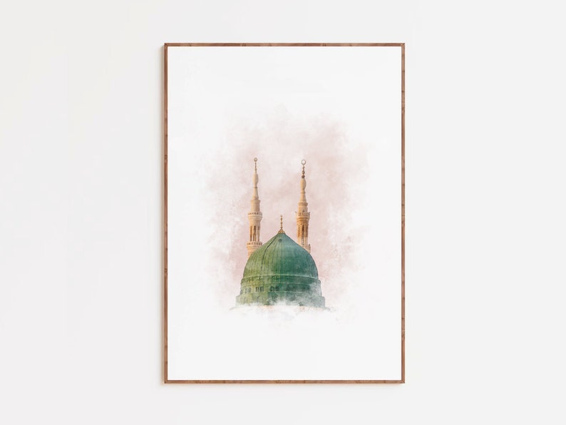 May include: A watercolor painting of a mosque with a green dome and two minarets. The mosque is set against a soft pink and white background.