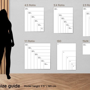 May include: A wall art size guide with a silhouette of a person standing in front of a wood wall. The guide shows different sizes of wall art in various aspect ratios, including 4:5, 3:4, 2:3, 1:1, ISO, 11x14, and 5x7. The model height is 5'5" or 165 cm.