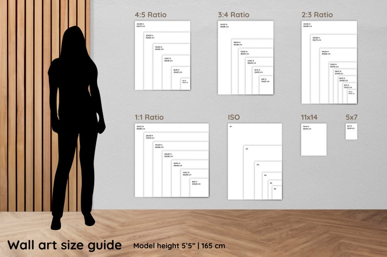 May include: A wall art size guide with a silhouette of a person standing in front of a wood wall. The guide shows different sizes of wall art in various aspect ratios, including 4:5, 3:4, 2:3, 1:1, ISO, 11x14, and 5x7. The model height is 5'5" or 165 cm.