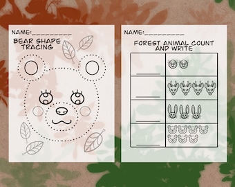Descarga digital del conjunto de hojas de trabajo de seguimiento de formas de animales del bosque