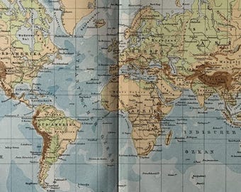 Geographical / Orig. 1897 Antique Geographical World Map