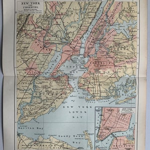 VS / origineel Antieke stadsplattegrond uit 1897 van New York en omgeving