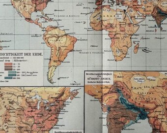World Geogr / Orig. 1904 Antique Map of World Population Density