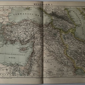 May include: A vintage map of Western Asia, showing the Black Sea, the Mediterranean Sea, and the Caspian Sea. The map is in German and includes the text "Westasien I."