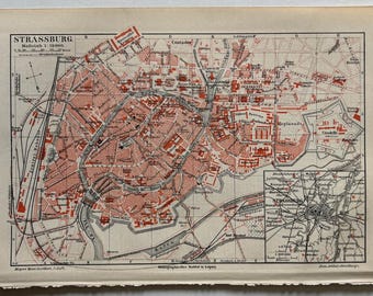 FR Strasbourg / Orig. 1897 Antique City Plan of Strasbourg