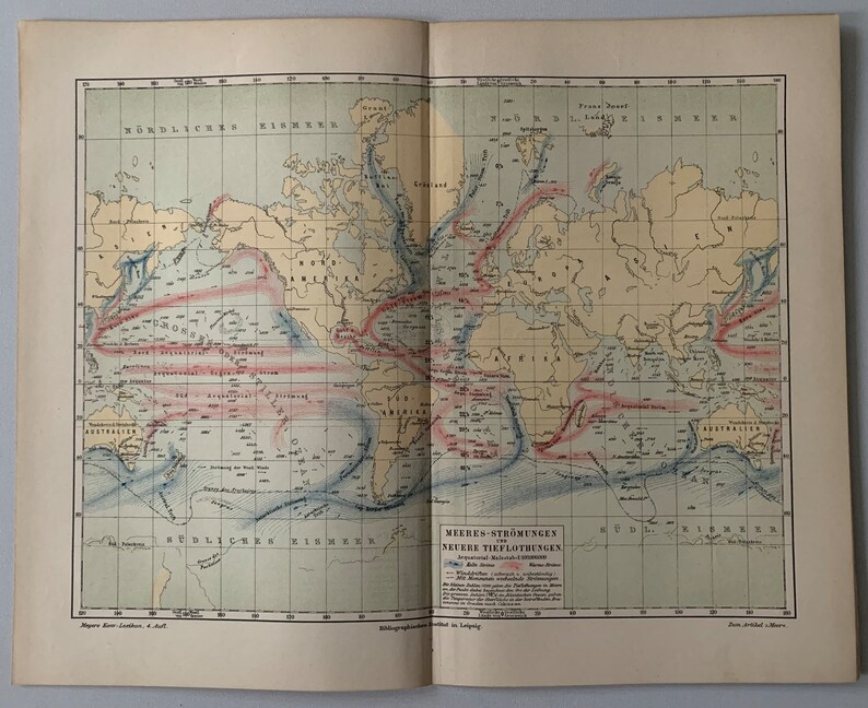 World Oceans / Original 1890 Antique Map of Ocean Currents - Etsy