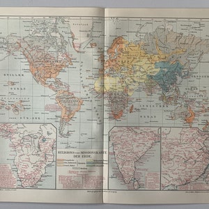 Welt-Missionar / Orig. 1907 Antike Karte der Religionen und Missionen