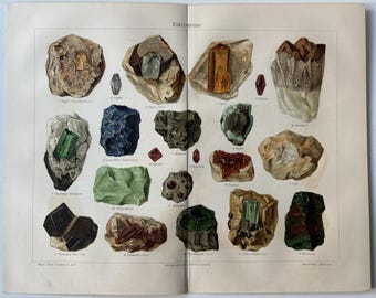 Pode incluir: Uma ilustração vintage de várias pedras preciosas, incluindo topázio, esmeralda, ametista e rubi. A imagem é rotulada como "Edelsteine", que é alemão para "pedras preciosas".