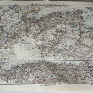 Afrique du Nord / Orig. Carte ancienne de 1909 de l'Algérie, du Maroc et de la Tunisie