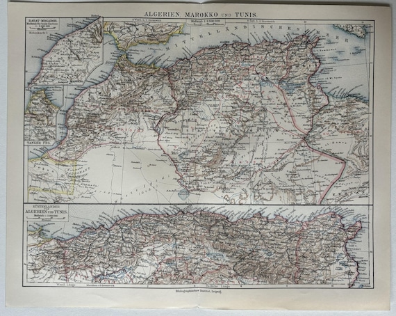 Northern Africa / Orig. 1909 Antique Map of Algeria, Morocco and