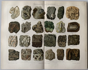 Minerals / Orig. 1897 Antique Chromolitho of Minerals