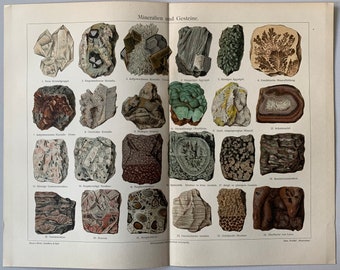 Pode incluir: Um gráfico educativo vintage que apresenta ilustrações de vários minerais e rochas. O gráfico está dividido em 24 seções, cada uma mostrando um tipo diferente de mineral ou rocha com uma descrição em alemão. O gráfico é intitulado "Mineralien und Gesteine", que se traduz como "Minerais e Rochas".